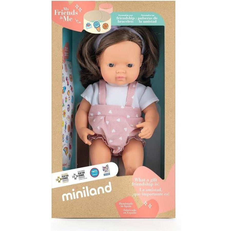 Miniland Educational My Friends & Me Baby Doll Caucasian Brunette Girl Dressed 38cm