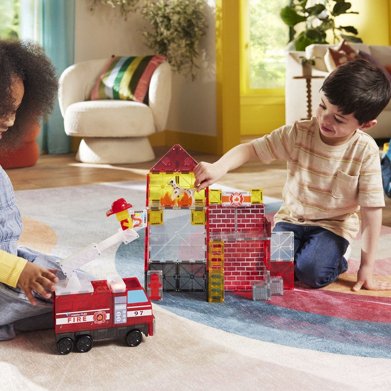Magna Tiles Fire Station 50pcs New Bigger Set with Firefighter Fire Truck and Light & Sound Magnetic Tiles 3yrs+