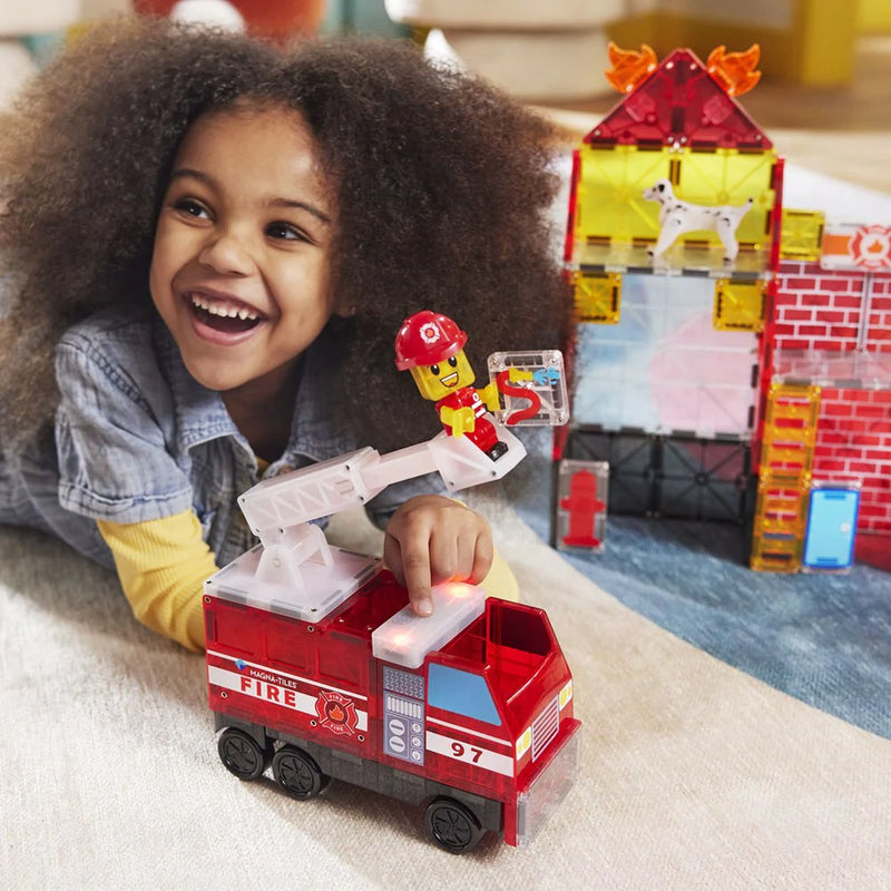 Magna Tiles Fire Station 50pcs New Bigger Set with Firefighter Fire Truck and Light & Sound Magnetic Tiles 3yrs+