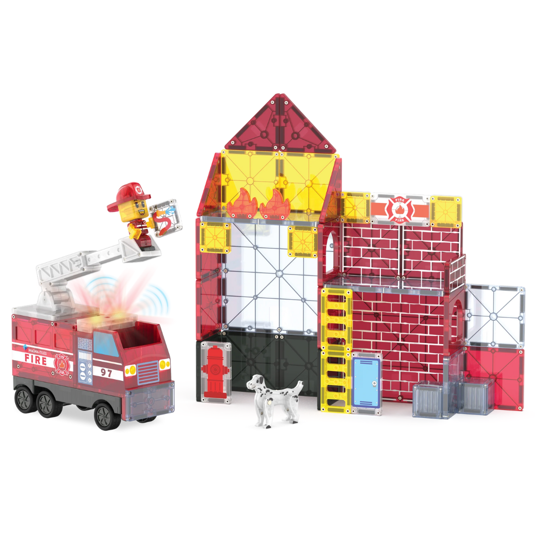 Magna Tiles Fire Station 50pcs New Bigger Set with Firefighter Fire Truck and Light & Sound Magnetic Tiles 3yrs+