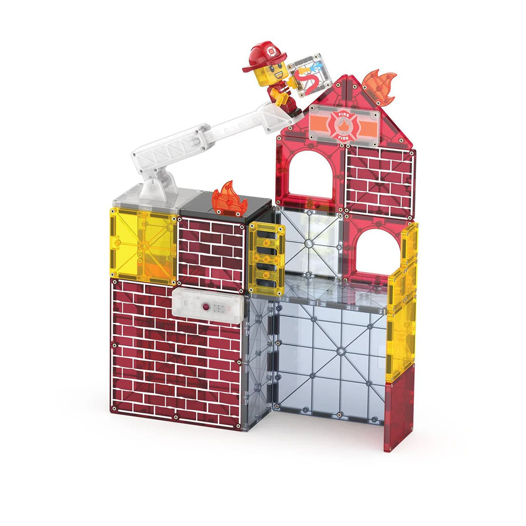 Magna Tiles Fire Station 50pcs New Bigger Set with Firefighter Fire Truck and Light & Sound Magnetic Tiles 3yrs+