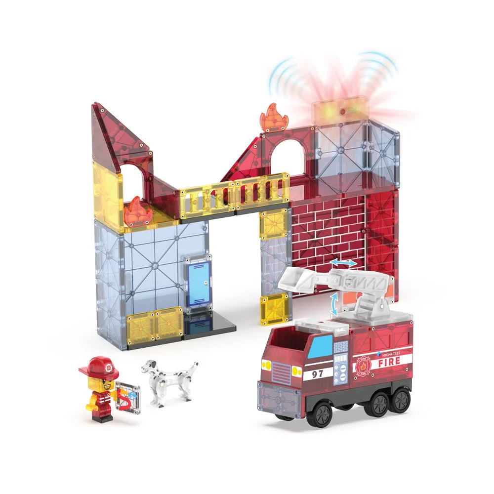 Magna Tiles Fire Station 50pcs New Bigger Set with Firefighter Fire Truck and Light & Sound Magnetic Tiles 3yrs+
