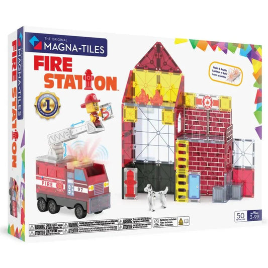 Magna Tiles Fire Station 50pcs New Bigger Set with Firefighter Fire Truck and Light & Sound Magnetic Tiles 3yrs+