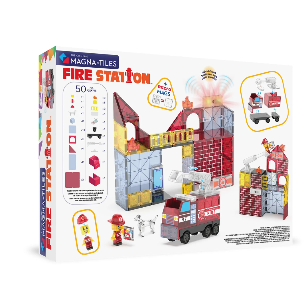 Magna Tiles Fire Station 50pcs New Bigger Set with Firefighter Fire Truck and Light & Sound Magnetic Tiles 3yrs+