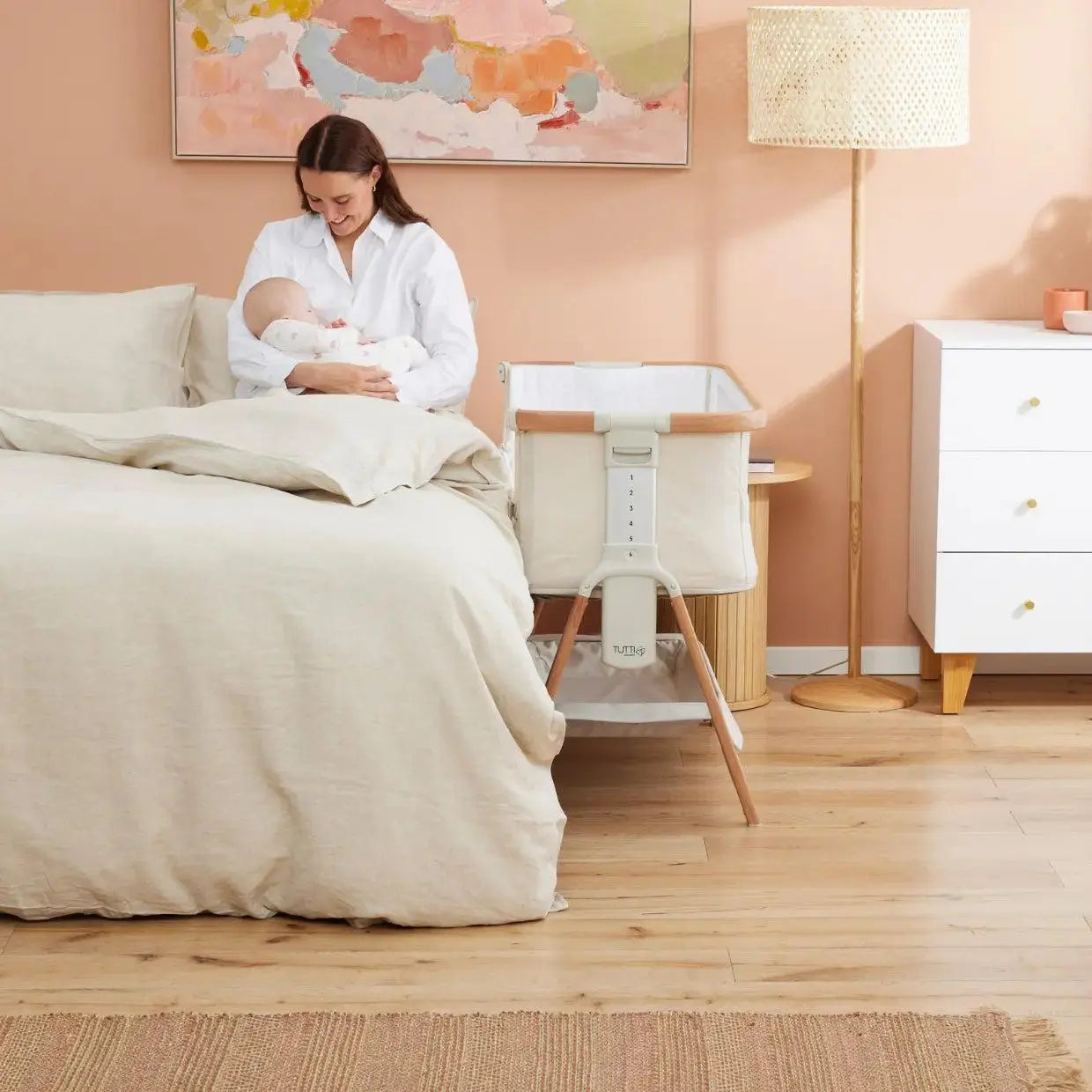CoZee Breeze Plus Co-Sleeping Bassinet with Rocking Legs - Scandi Walnut & Ecru