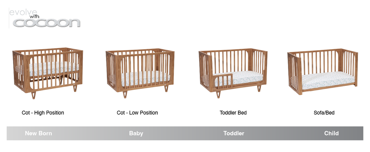 Cocoon Vibe Sandstone Grow with Me Nursery Cot, Dresser, Change Mat, Mattress, Toddler Rail Bundle
