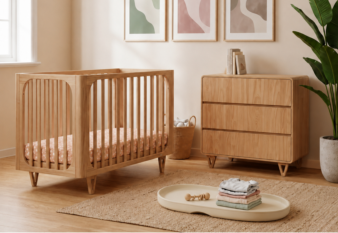Cocoon Vibe Sandstone Grow with Me Nursery Cot, Dresser, Change Mat, Mattress, Toddler Rail Bundle