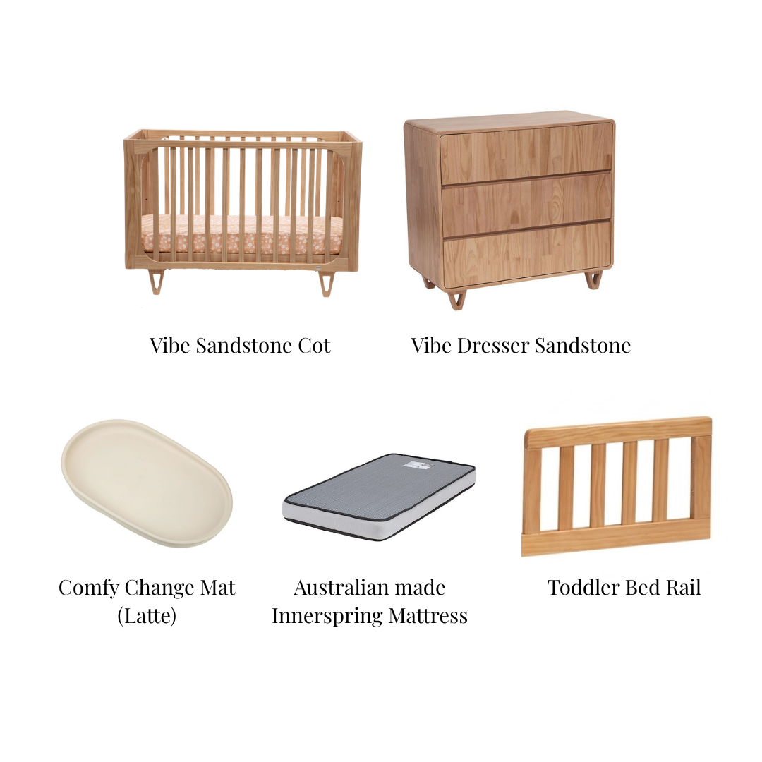 Cocoon Vibe Sandstone Grow with Me Nursery Cot, Dresser, Change Mat, Mattress, Toddler Rail Bundle