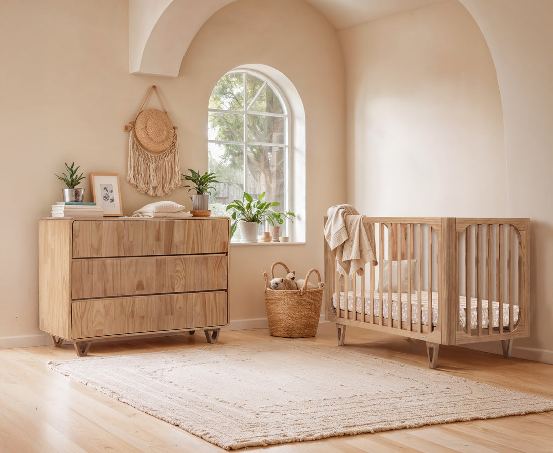 Cocoon Vibe Sandstone Grow with Me Nursery Cot, Dresser, Change Mat, Mattress, Toddler Rail Bundle