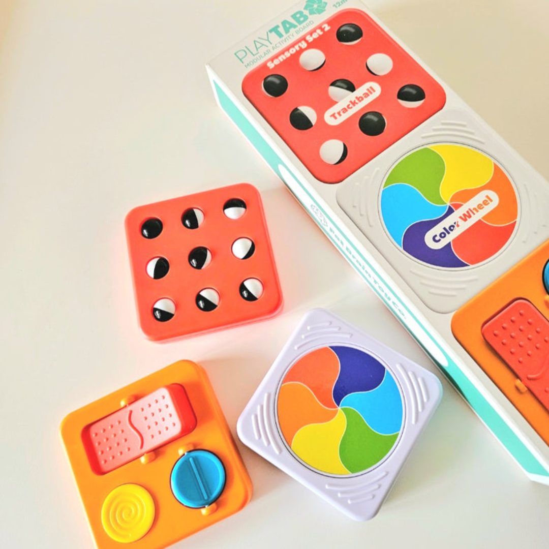 FAT BRAIN TOYS PLAYTAB SENSORY SET 2 (TRACKBALL TILE, COLOR WHEEL, SWITCHES TILE)