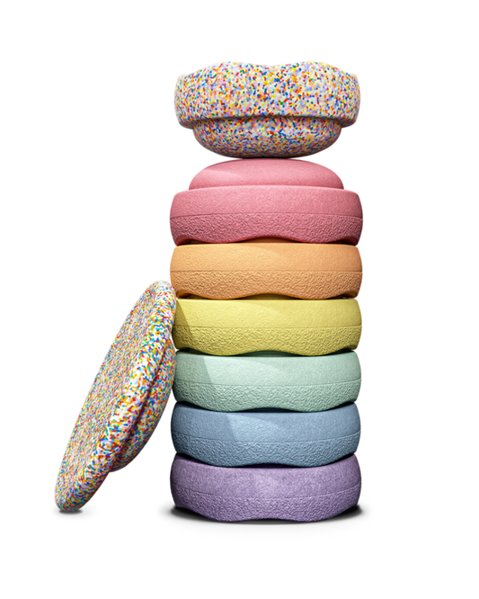 Stapelstein Balance Stepping Stones - Original + Board Combination, Set of 8, Rainbow Pastel Complete