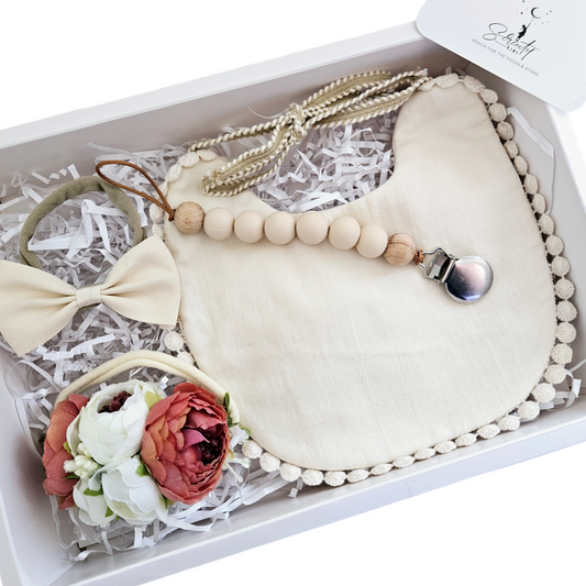 Baby Bib, Bows & Pacifier Holder Personalised Giftbox Set - Neutral Boho Baby