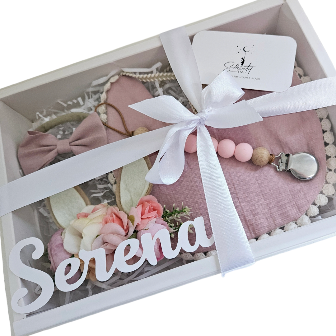 Baby Bib, Bows & Pacifier Holder Personalised Giftbox Set