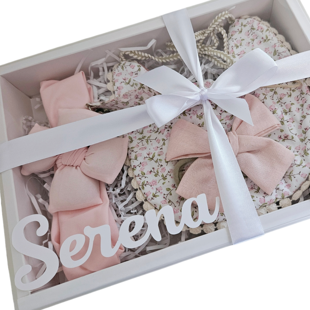 Baby Bib, Bows & Pacifier Holder Personalised Giftbox Set - Pink Blossom