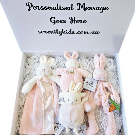 Four Piece Bunnies By The Baby Baby Personalised Magnetic Gift Box Baby Hamper - Pink