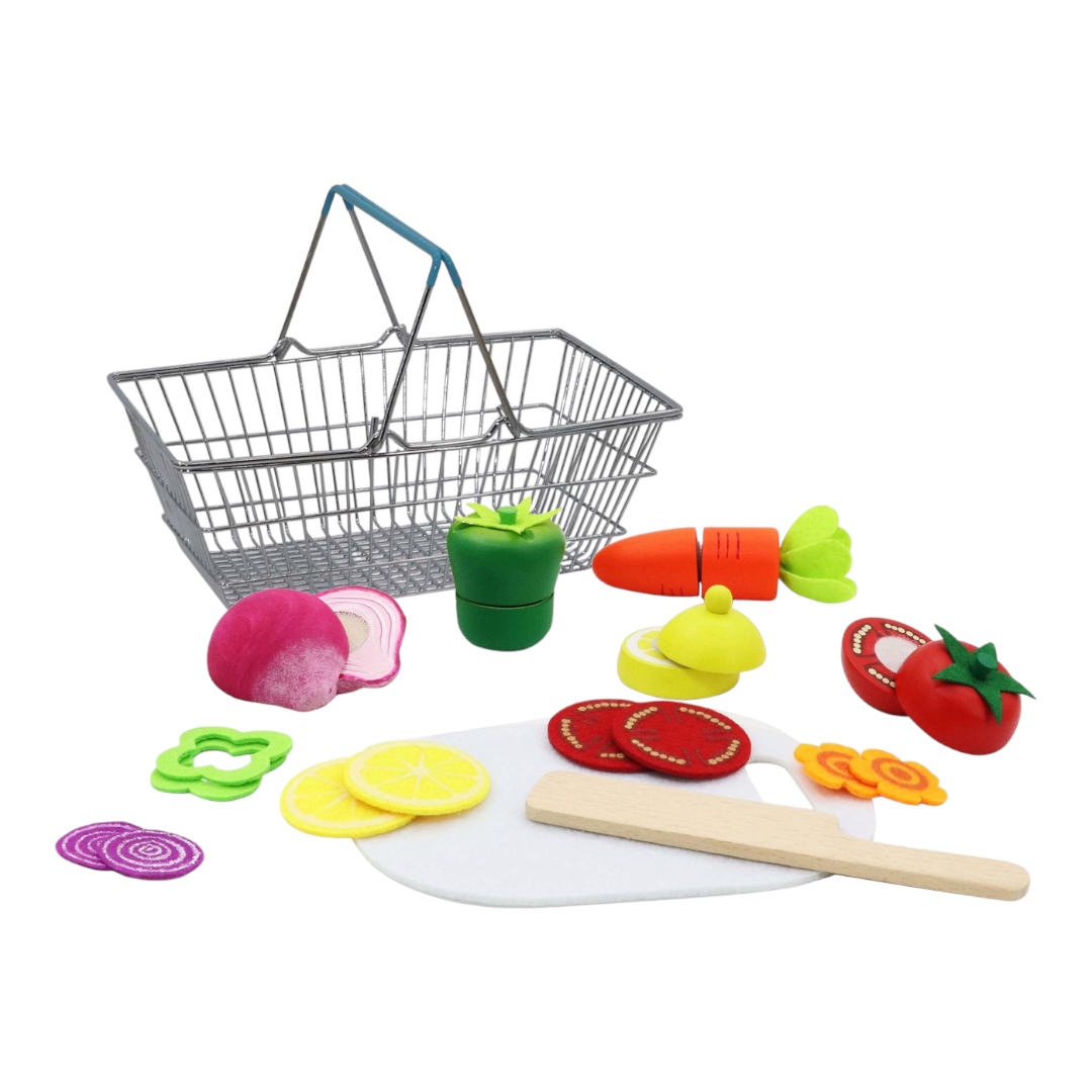 PRETEND PLAY WOODEN CUTTING VEGETABLES WITH METAL BASKET