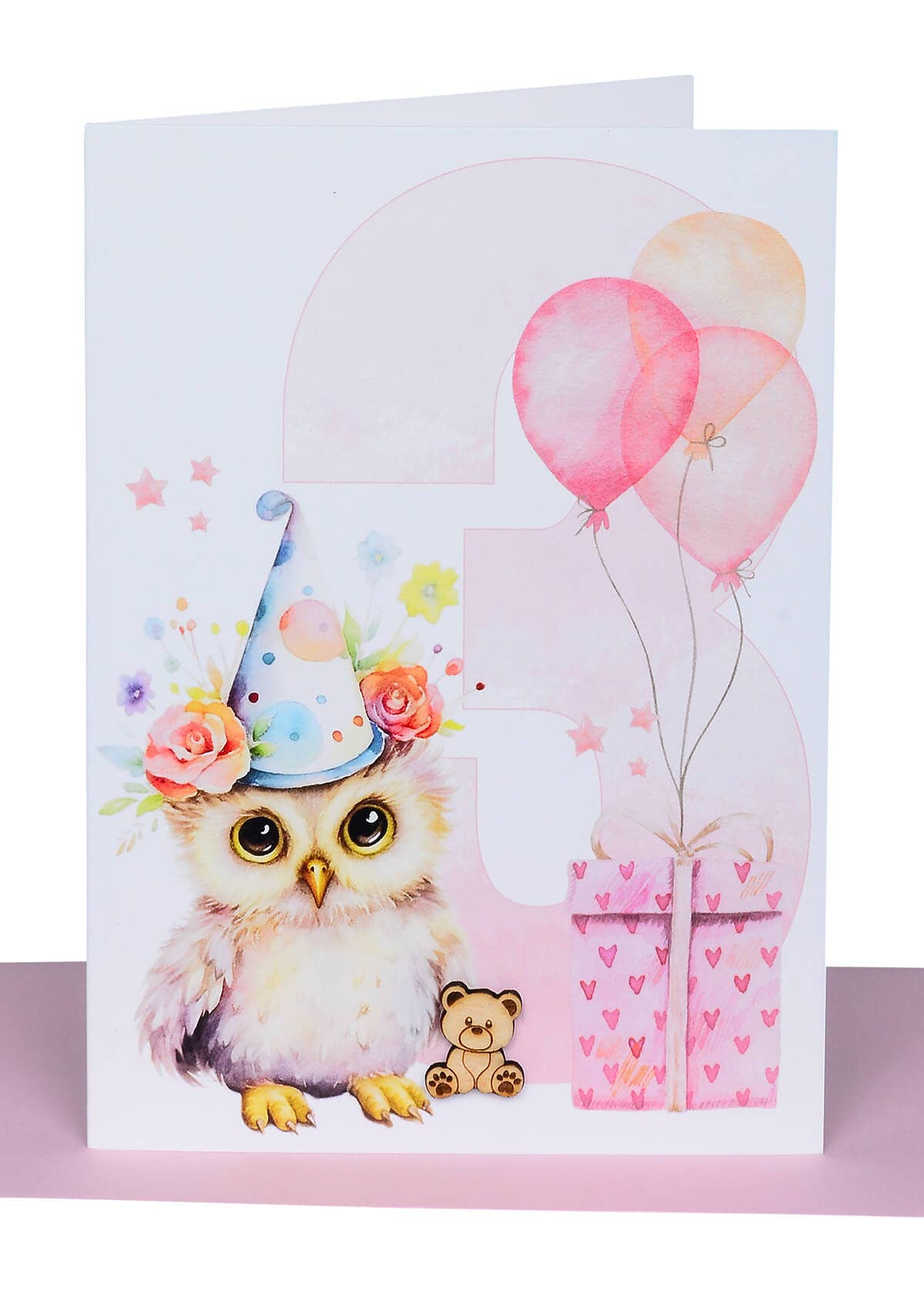 Girls Birthday Card Ages 1-6 with Wooden Teddy Bear embellishment