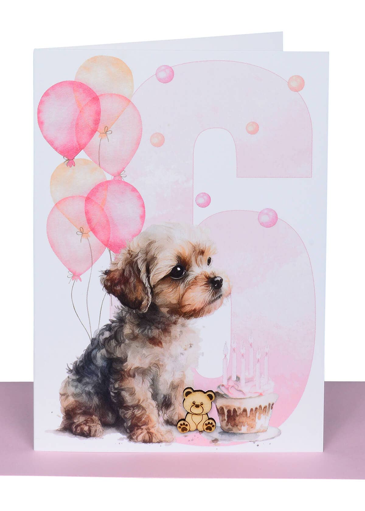 Girls Birthday Card Ages 1-6 with Wooden Teddy Bear embellishment