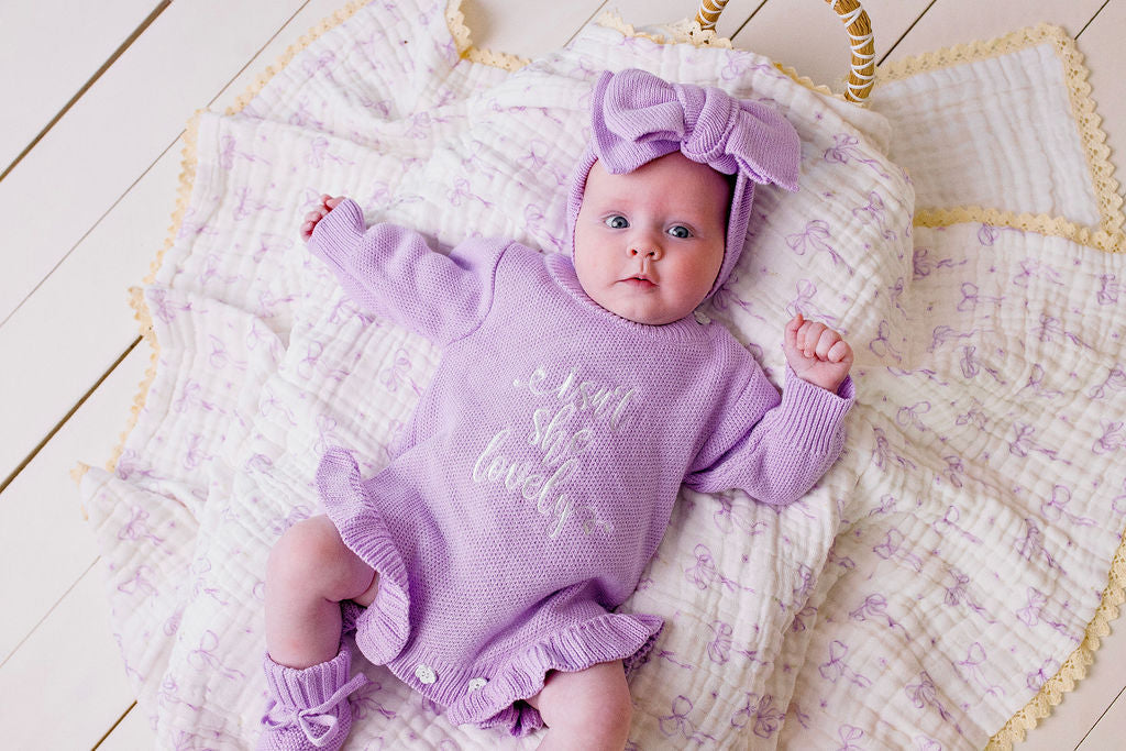 Confetti Kidz Muslin Blanket with Lace Trim - Lilac Bows