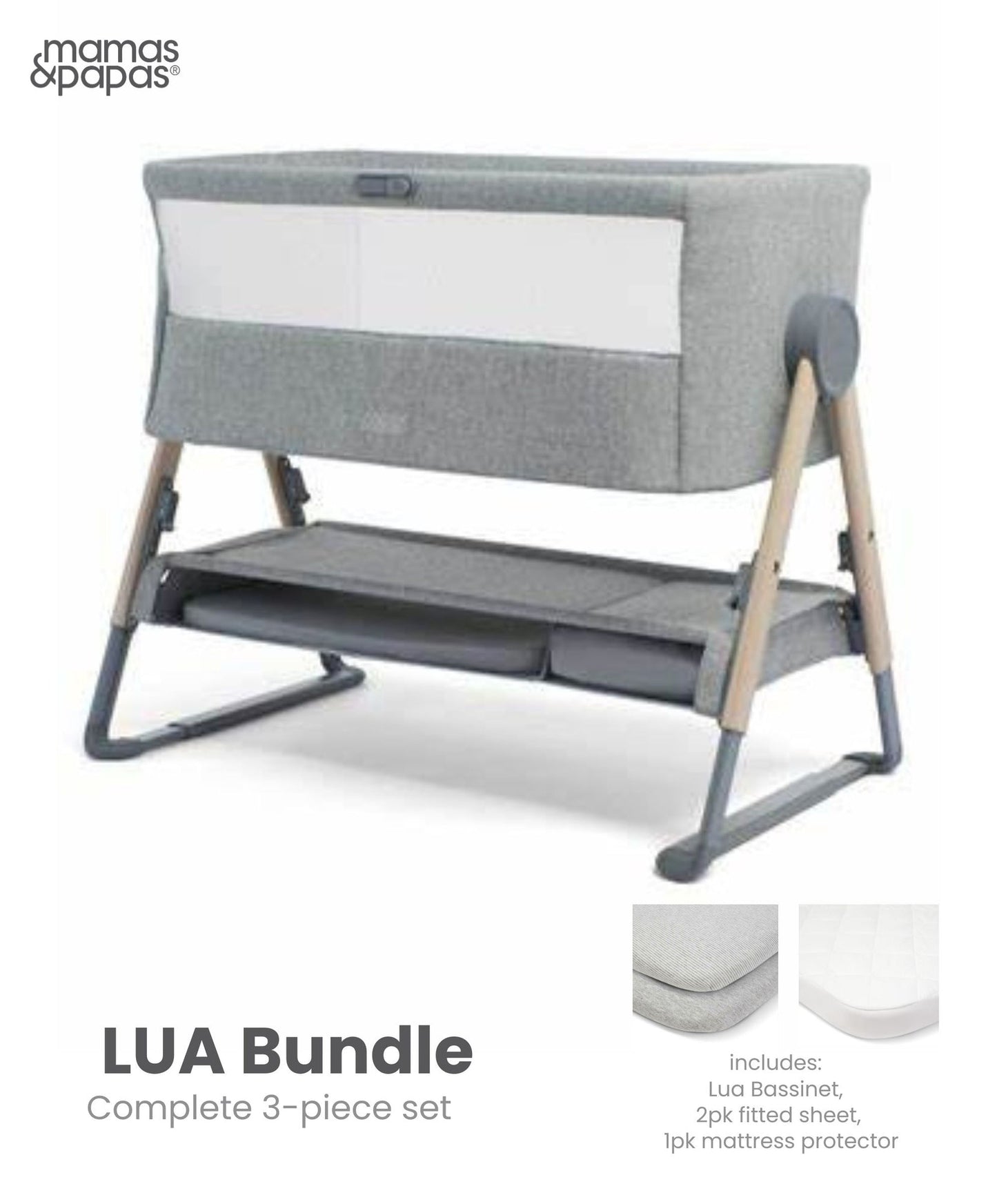 Mamas & Papas Lua Bedside Crib Bundle - GREY (BONUS FITTED SHEETS & MATTRESS PROTECTOR)