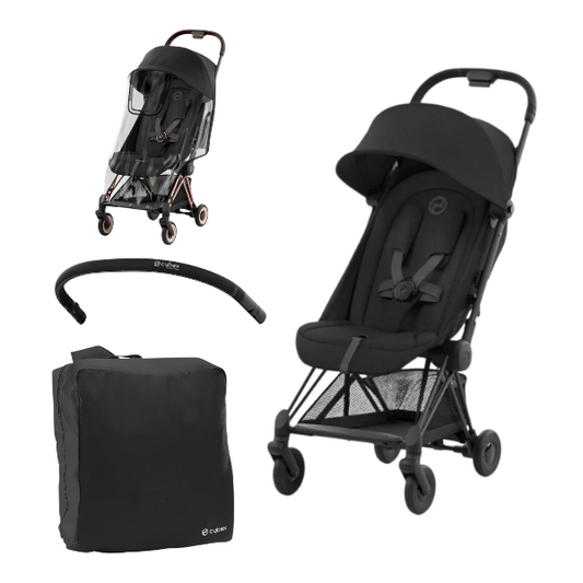 Cybex Coya Travel Stroller Bundle With Stroller Travel Bag, Bumper Bar & Raincover - Matt Black & Sepia Black