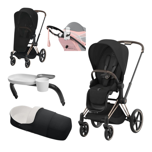 Cybex Priam Pram 2024 Rose Gold + Sepia Black + FREE Platinum Lite Cot, Insect Net, Snack Tray & 2in1 Cup Holder