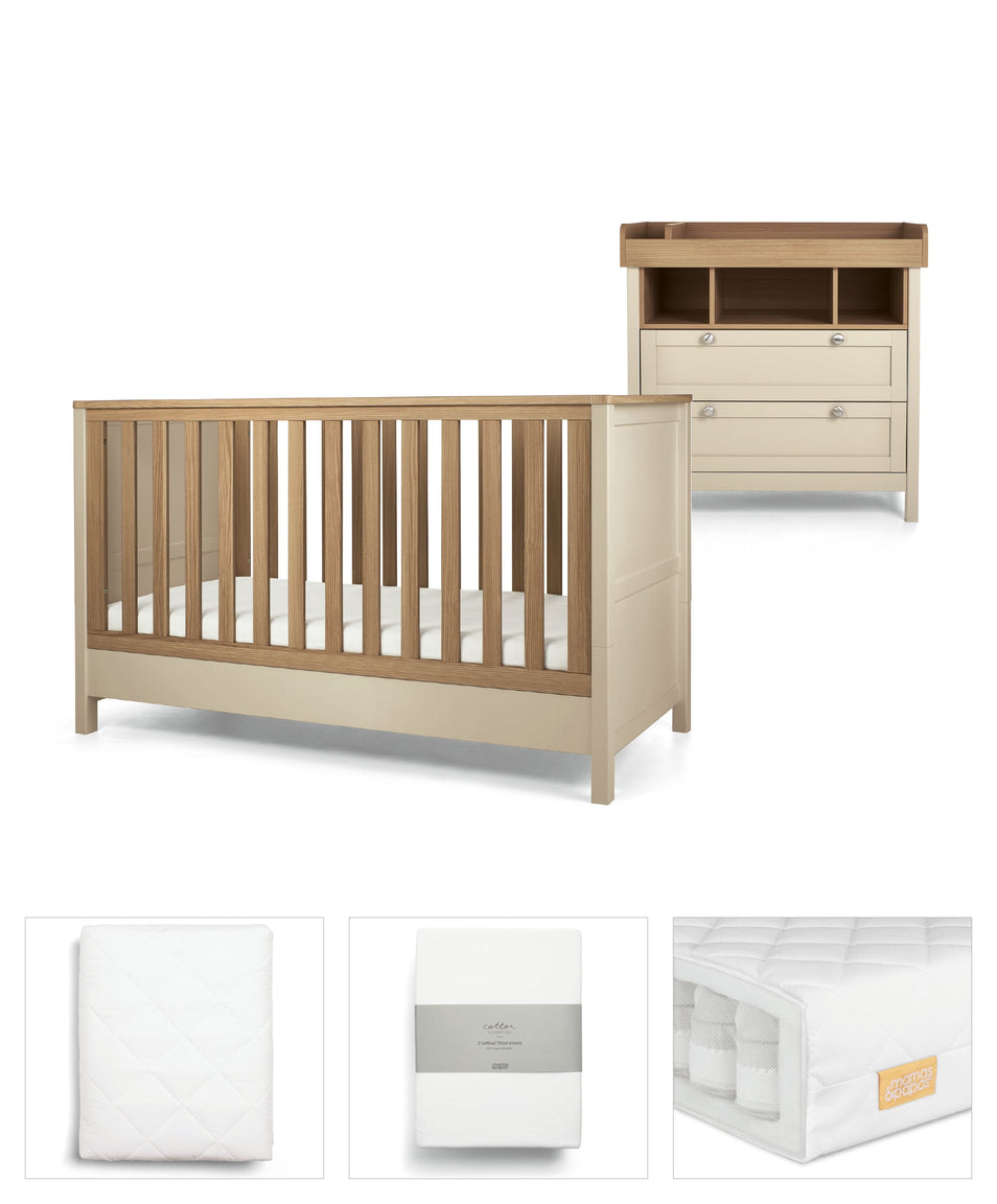 Mamas & Papas Harwell Cotbed 5 Piece Set with Cotbed, Dresser Changer, Mattress, Fitted Sheets & Mattress Protector - Cashmere