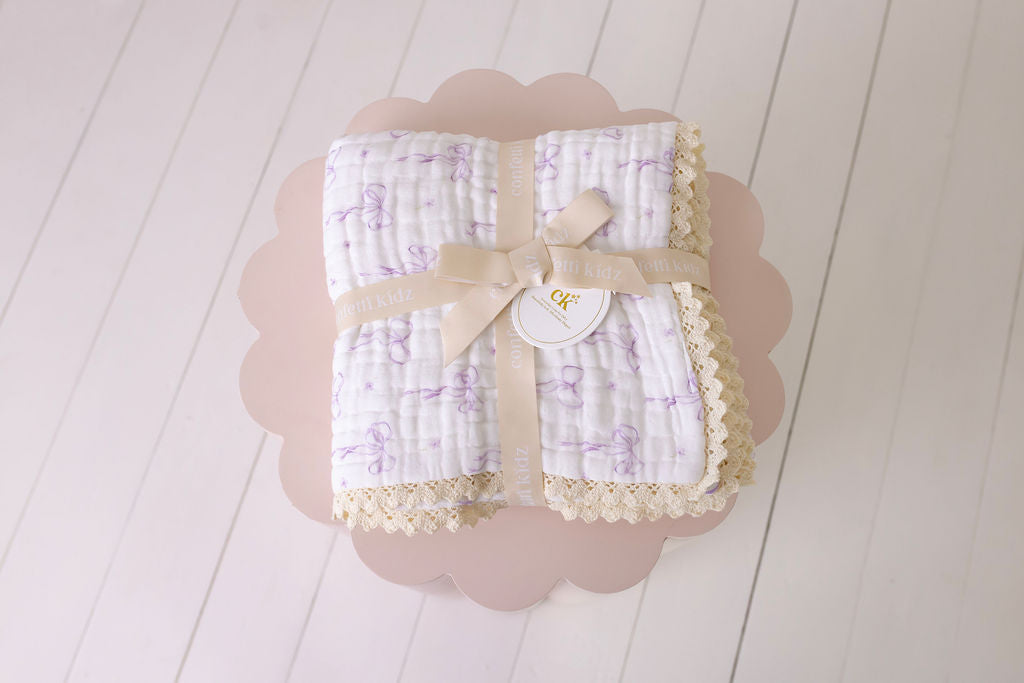 Confetti Kidz Muslin Blanket with Lace Trim - Lilac Bows