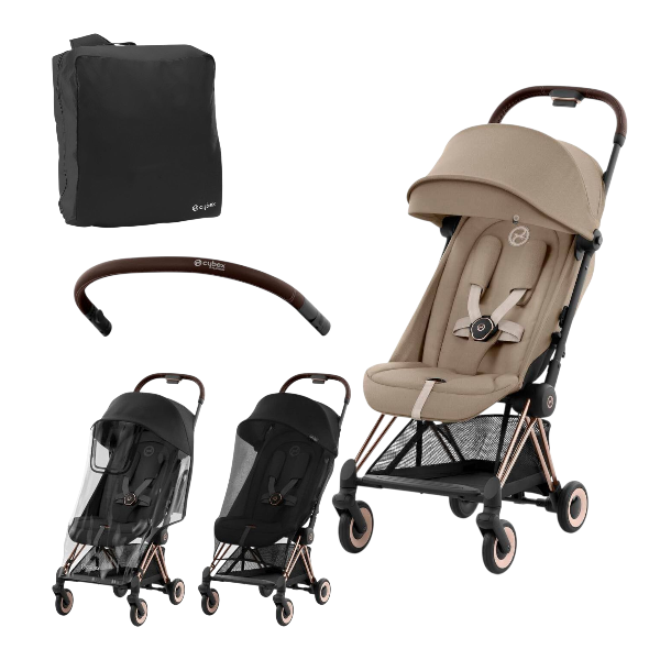 Cybex Coya Travel Stroller + FREE Stroller Travel Bag, Bumper, Raincover & Insect Net - Cozy Beige & Rose Gold