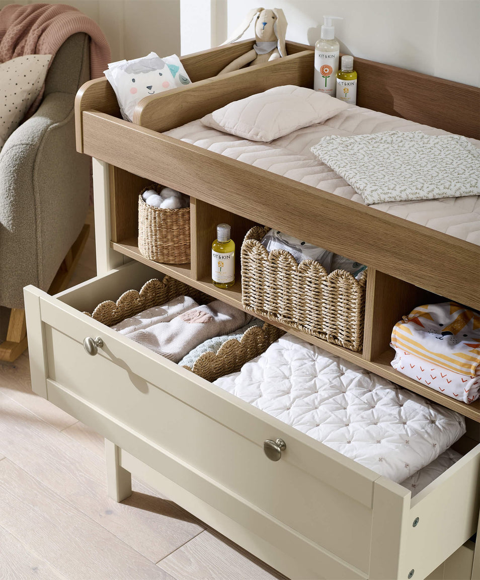 Mamas & Papas Harwell Cotbed 5 Piece Set with Cotbed, Dresser Changer, Mattress, Fitted Sheets & Mattress Protector - Cashmere