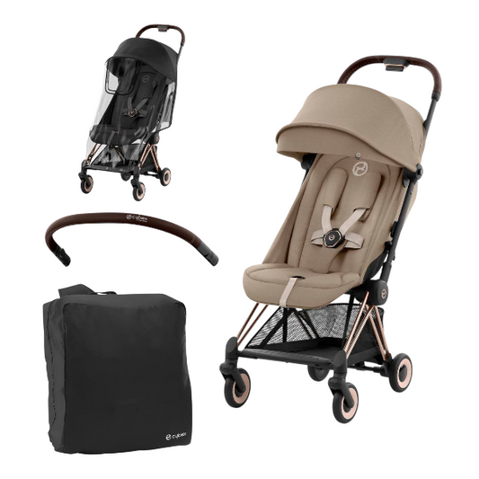 Cybex Coya Travel Stroller Bundle With Stroller Travel Bag, Bumper, Raincover - Cozy Beige & Rose Gold