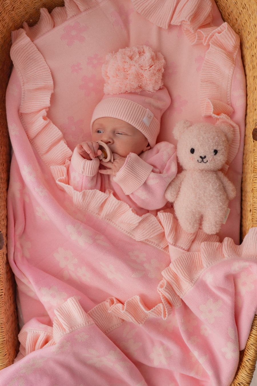 Little & Fern Frill Knit Blanket | Daisy Pink Floral