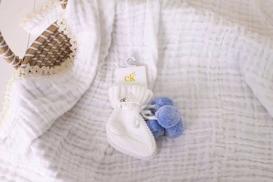 Confetti Kidz Knitted Booties | Blue Poms 0-6 Months