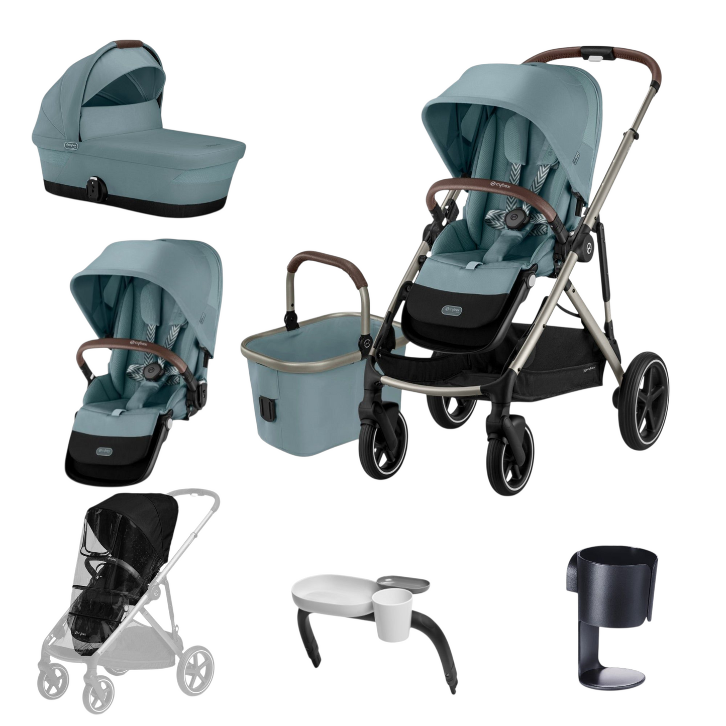Cybex Gazelle S Pram + Carry Cot + 2nd Seat + Cup Holder + Snack Tray Bundle + Raincover - Moon Black
