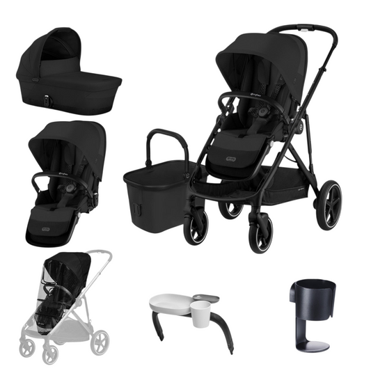 Cybex Gazelle S Pram + Carry Cot + 2nd Seat + Cup Holder + Snack Tray Bundle + Raincover - Moon Black