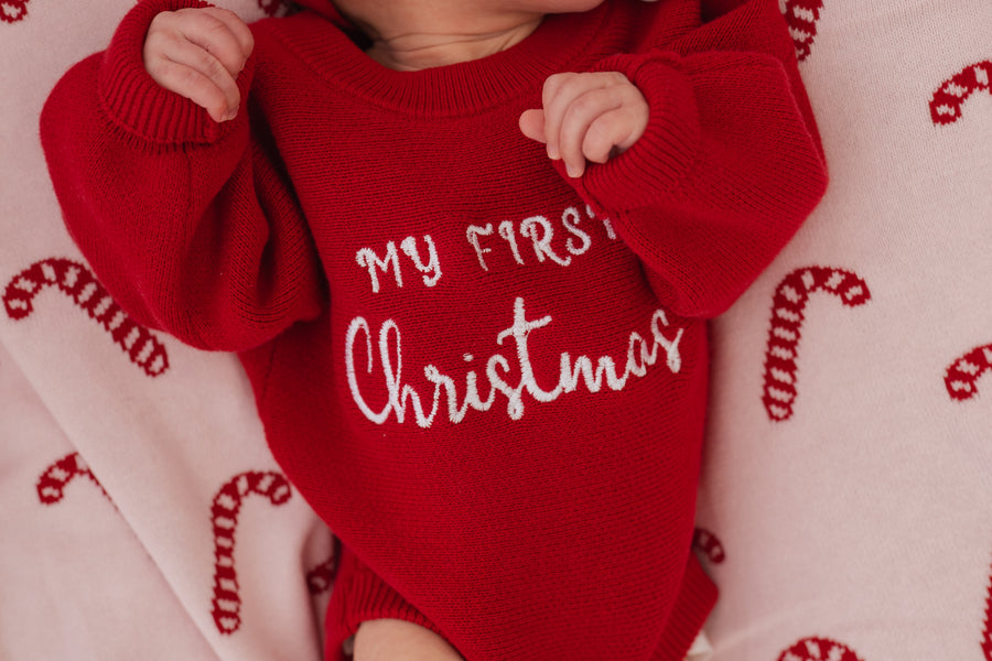 Little & Fern 'My First Christmas' Knit Romper | Rudolph Red