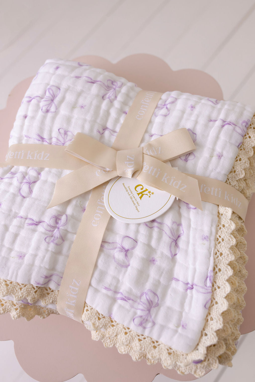 Confetti Kidz Muslin Blanket with Lace Trim - Lilac Bows