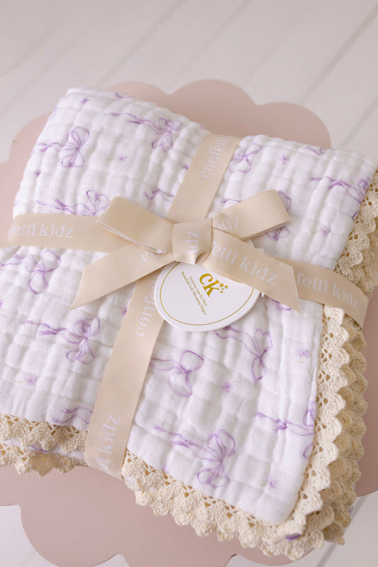 Confetti Kidz Muslin Blanket with Lace Trim - Lilac Bows