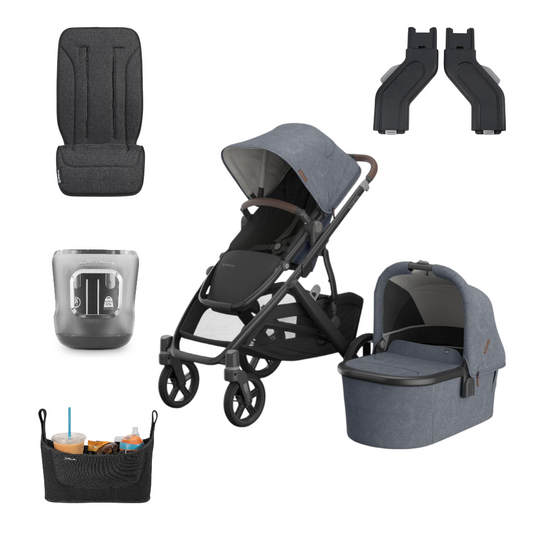 UPPAbaby Vista V3 Pram With Bassinet - Julian (Dusty Blue Melange) + FREE Upper Adaptors  + FREE Parent Pack + FREE Pram Liner + FREE Cup Holder