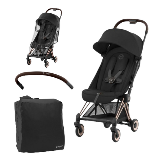 Cybex Coya Travel Stroller Rose Gold & Sepia Black Bundle With Travel Stroller Bag, Bumper Bar & Raincover