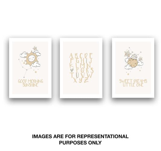 Nursery Prints - A4 - Set Of 3 - Moon Stars Alphabet